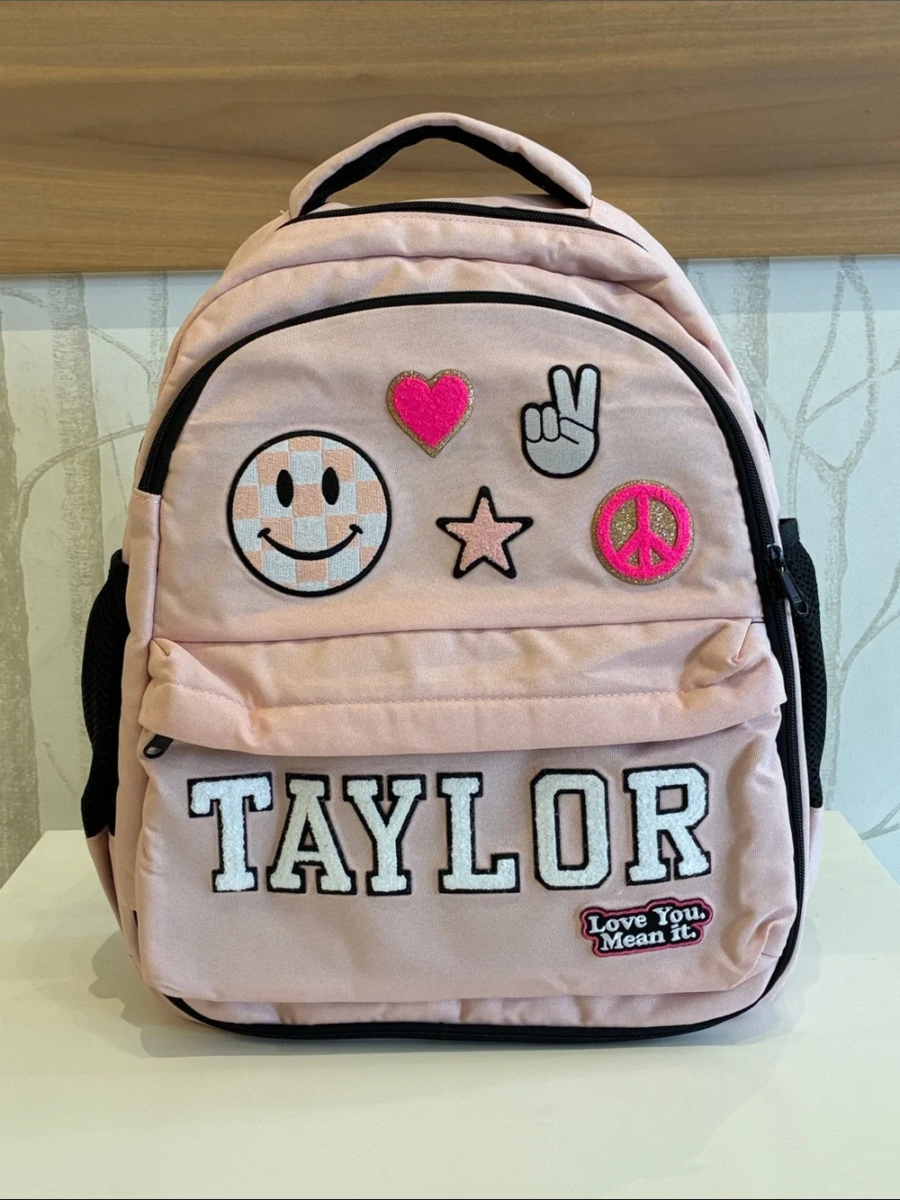 Personalized Pink Kids Backpack with Patch Details